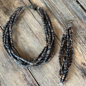 Multi-Strand Brown Beaded Necklace and Bracelet Set